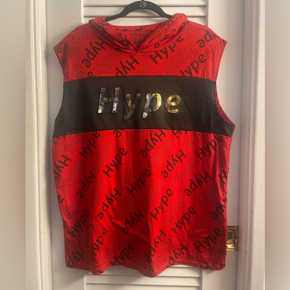 Brooklyn Laundry Hooded Tank Size XL Red w/mixed media center stripe w/3D HYPE